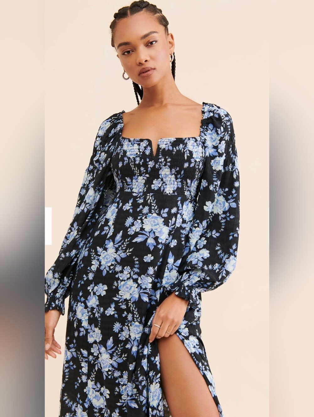 Free People NWT Jaymes Midi Black W/ Blue Floral Dress XS